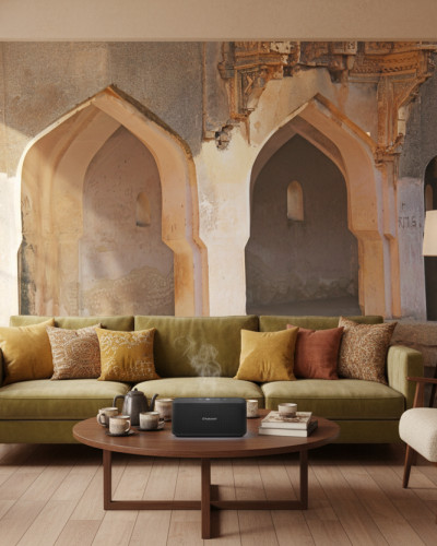 Fototapet personalizat Hampi Vaulted Splendor, înfățișând arcade boltite antice și ziduri texturate într-un living modern cu o canapea verde, masă de cafea și plante, creând o atmosferă caldă și istorică.