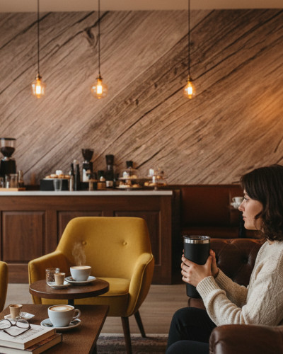 Tapet fototapet Elemental Grainwood cu model rustic de lemn pe peretele unei cafenele moderne, creând o atmosferă caldă și primitoare cu lumini ambientale și plante.