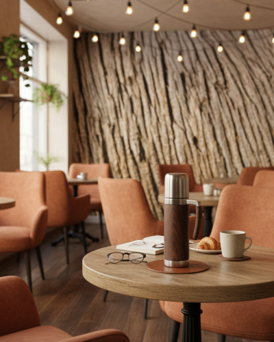 Interior cafenea modernă cu fototapet personalizat Timeworn Timber Grain, prezentând o textură detaliată de scoarță de copac pe peretele principal. Spațiul are mese rotunde din lemn și scaune confortabile de culoare portocalie, plante verzi suspendate și 