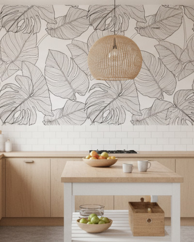 Bucătărie modernă cu mobilier din lemn deschis și fototapet 