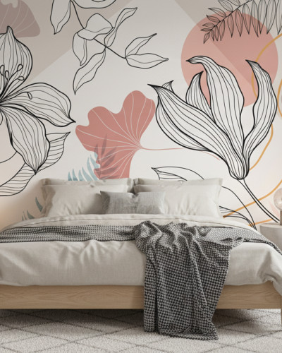 Dormitor modern decorat cu fototapet Gilded Earth Bloom Line, ce prezintă flori abstracte în linii negre, forme organice în nuanțe de ocru, roz și albastru, pat, noptiere și scaun verde.