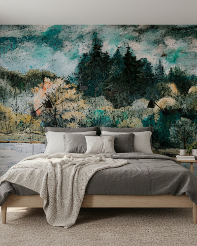 Fototapet Clouded Forest Peaks - personalizat, aplicat pe peretele din spatele patului într-un dormitor modern, cu peisaj artistic de pădure învăluită în ceață și tonuri de verde, turcoaz și auriu.