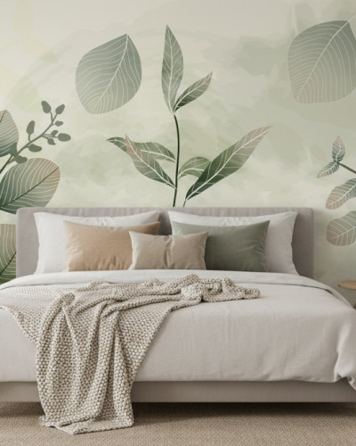 Fototapet personalizat Verdant Tropic Canopy cu design de frunze verzi stilizate pe un perete de dormitor modern, cu pat dublu și oglindă, creând o atmosferă calmă și naturală.