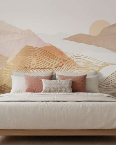 Dormitor modern decorat cu fototapet personalizat Golden Horizon Peaks, prezentând munți abstracti în nuanțe de teracotă și auriu, un pat bej și noptiere din lemn.