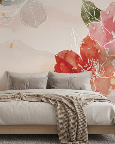 Dormitor modern decorat cu fototapet personalizat Watercolor Bloom Strokes, prezentând flori și frunze abstracte în acuarelă roz, roșu și verde pe un fundal deschis. Patul este gri deschis, cu o noptieră albă și o lampă de podea neagră.