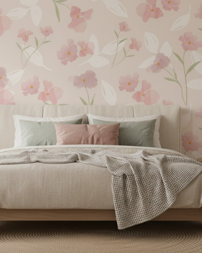 Dormitor modern, luminos, decorat cu tapet floral personalizat Spring Watercolor Bloom, având flori roz acuarelă și frunze verzi pe fundal crem. Pat bej, noptiere din lemn și covor rotund din iută, creând o atmosferă calmă și primitoare.
