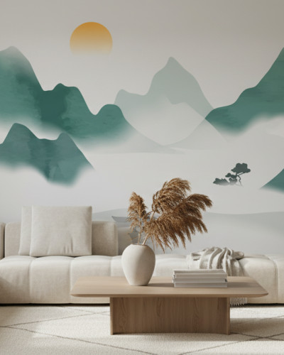 Fototapet personalizat Misty Oriental Lake Dream într-un dormitor modern cu pat, noptiere din lemn, plante și un fotoliu. Peisajul montan oriental cu ceață și soare creează o atmosferă zen și relaxantă.