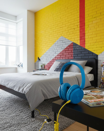 Cameră de tineret cu fototapet modern, design geometric vibrant în culori galben, roșu și gri pe textură de cărămidă. Spațiul include un pat cu lenjerie gri, un puf portocaliu și căști albastre pe o noptieră.