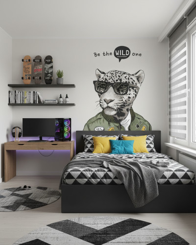 Fototapet personalizat Savage Chic Leopard într-o cameră modernă de tineret, cu un leopard cool cu ochelari de soare și mesajul 