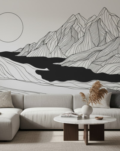 Fototapet Line Art Horizon personalizat, un peisaj minimalist alb-negru cu munți și soare/lună, într-un dormitor modern cu pat gri.