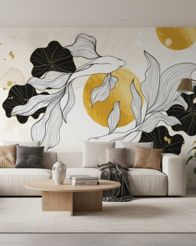Fototapet personalizat Golden Betta Lotus Bloom într-un dormitor modern, cu un pește Betta stilizat, flori de lotus negre și accente aurii pe un fundal alb-bej.