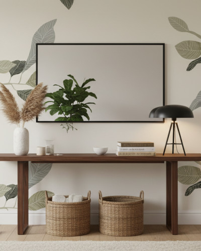 Fototapet personalizat Green Watercolor Tropics cu frunze mari, stil acuarelă, în nuanțe de verde și gri, pe un perete bej deschis, într-un dormitor modern cu pat din lemn, lenjerie albă și lumini calde.