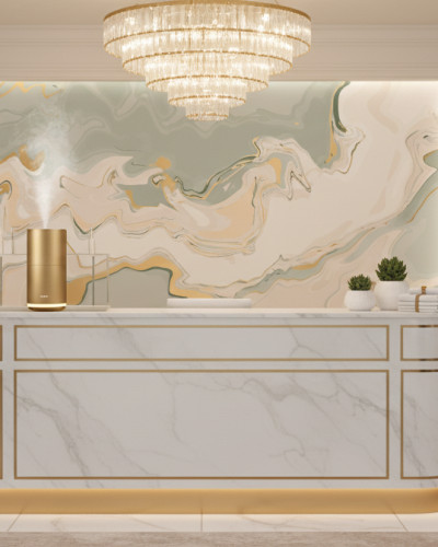 Fototapet Gilded Marble Aura personalizat într-un birou modern cu accente de verde mentă, crem și auriu, simulând marmura abstractă.