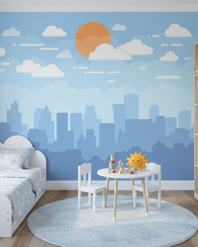 Fototapet Urban Sky Gaze personalizat într-o cameră de copil, prezentând un peisaj urban stilizat sub un cer albastru cu nori și un soare portocaliu. Include un pat alb, măsuță de joacă și rafturi.
