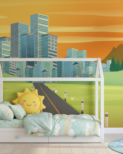 Fototapet personalizat Golden City Ascent pe peretele unei camere de copii, ilustrând un oraș vesel cu zgârie-nori, câmpuri verzi, o șosea și un balon cu aer cald colorat, deasupra unui pat alb și a covoarelor albastre.