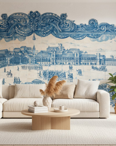Fototapet Lisbon Tile Story cu model Azulejo albastru și alb, reprezentând un peisaj urban istoric, montat într-un living modern cu canapea bej și plante verzi.