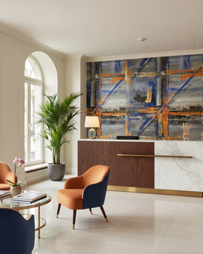 Fototapet abstract Colorwash Velocity personalizat, într-un hol de recepție modern, cu tonuri de albastru, portocaliu și gri, completând mobilierul elegant și scaunele tapetate portocaliu.