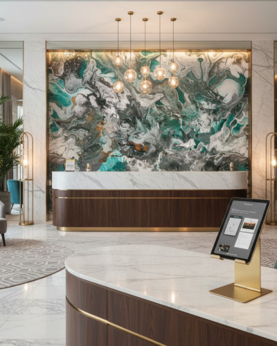 Tapet Aqua Swirl Motion cu design abstract în nuanțe de turcoaz, gri și alb, instalat într-un hol de recepție luxos.