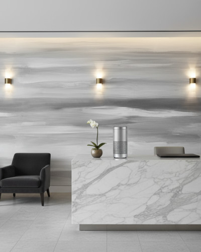 Fototapet personalizat Haze Brushstroke Whisper, cu design abstract gri și alb, amenajând un hol modern cu mobilier minimalist și plante verzi.