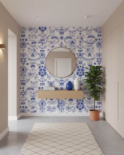 Tapet personalizat Nordic Feline Bloom în hol, cu model albastru de pisici, flori și motive scandinave, etajeră lemn și oglindă rotundă.