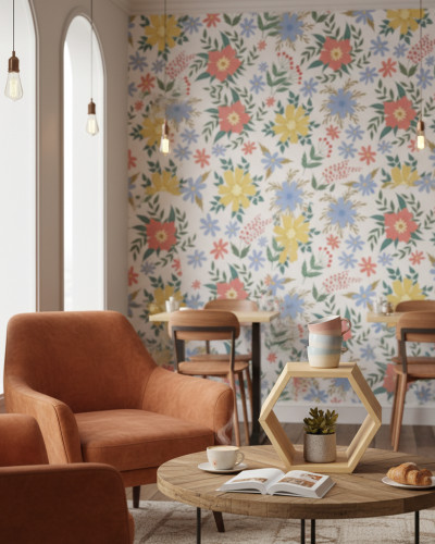 Tapet floral Garden Bloom Serenity personalizat, cu flori în culori vibrante de corai, galben, albastru și frunze verzi, montat într-un hol modern cu consolă neagră, oglindă rotundă aurie și lampadar.