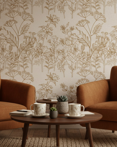 Tapet Wild Bloom Silhouette Border personalizat, cu design floral auriu pe perete bej într-un hol modern și luminos. Decorațiune minimalistă cu consolă și plante.