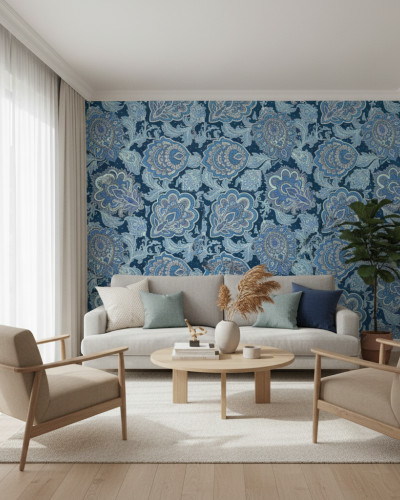 Hol modern cu tapet albastru cu model floral tip mandala, o oglindă rotundă, consolă din lemn și covor de iută.