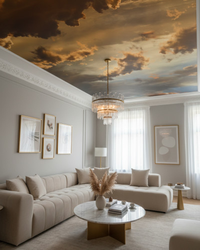 Fototapet personalizat Sunset Ember Haze pe tavanul unui living modern, cu nori de apus în nuanțe calde de auriu și maro. Canapea crem, măsuță de cafea din marmură și candelabru elegant completează decorul.
