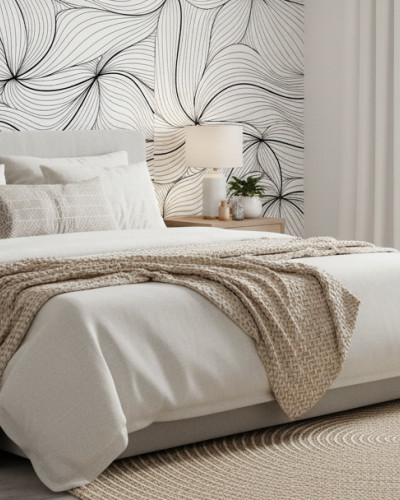 Fototapet personalizat cu design abstract, linii negre ondulate pe fond alb, decorând un perete într-un dormitor modern cu pat matrimonial, noptiere din lemn și accente neutre.