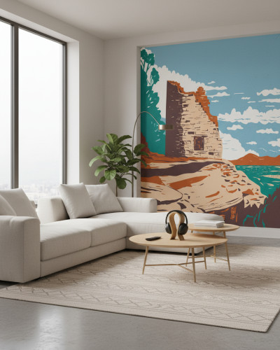 Fototapet personalizat Canyon Hand Art pe un perete dintr-un dormitor modern, cu un pat matrimonial, noptiere din lemn deschis la culoare și o plantă verde, ilustrând un peisaj stilizat cu ruine, apă și cer.