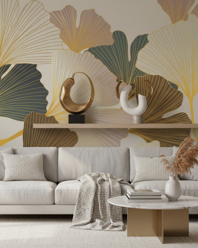 Fototapet personalizat Ginkgo Gold Aura, cu frunze aurii și verzi, pe un perete accent într-un dormitor modern, cu pat gri și noptiere din lemn deschis.