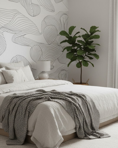 Dormitor modern minimalist cu tapet abstract 
