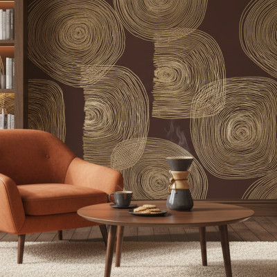 Gilded Line Tapestry custom photo wallpaper with abstract golden line pattern on a dark brown background, mounted on the accent wall of a modern and elegant bedroom, with a double bed, nightstand, and bedside lamp.