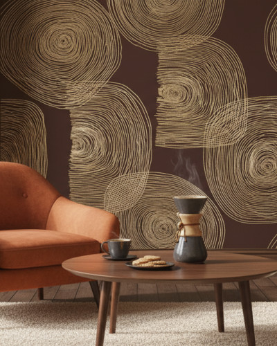 Fototapet personalizat Gilded Line Tapestry cu model de linii aurii abstracte pe fundal maro închis, montat pe peretele accent al unui dormitor modern și elegant, cu pat matrimonial, noptieră și veioză.