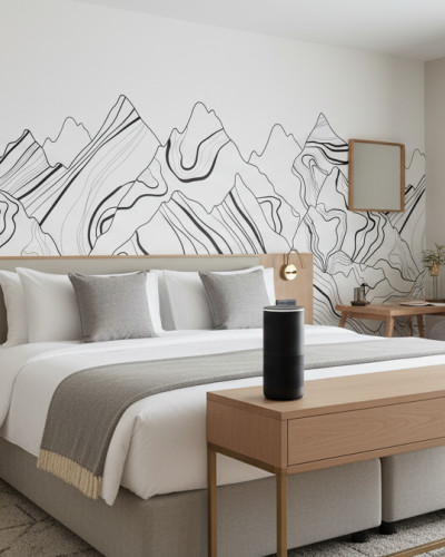 Fototapet personalizat Silent Peaks Sketch cu design abstract de munți alb-negru, montat într-un dormitor modern cu pat și mobilier din lemn.