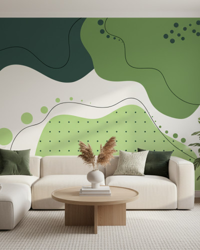 Dormitor modern amenajat cu tapet personalizat Verdant Liquid Flow, având un design abstract cu forme organice verzi pe un perete alb, pat dublu cu lenjerie albă și perne verzi, noptieră din lemn și draperii verzi.