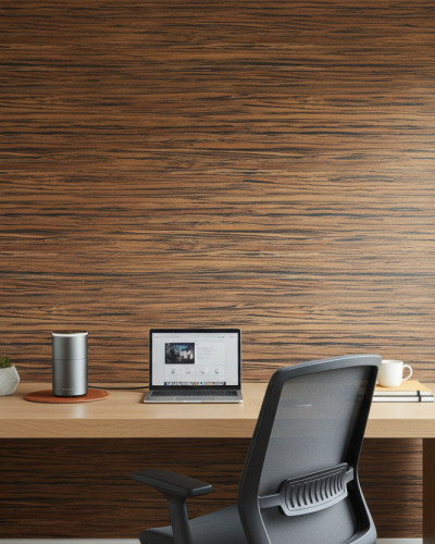 Tapet cu textură de lemn împletit (rafie) într-un birou modern, cu birou din lemn deschis și laptop. Design interior natural.