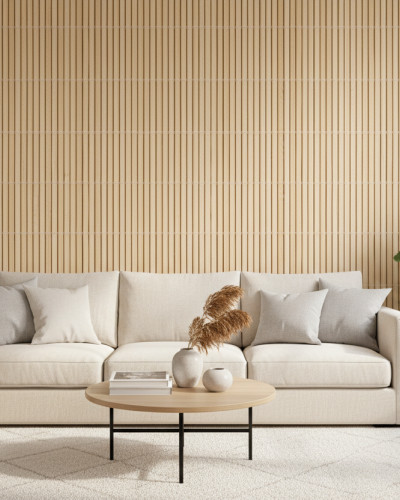 Living modern cu canapea bej, masă de cafea din lemn și un perete decorat cu tapet Bamboo Weave Lines ce imită lamele de lemn deschis la culoare.
