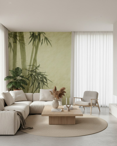 Fototapet Worn Bamboo Parchment personalizat într-un living modern, cu tulpini de bambus verzi pe un fundal texturat verde pal, deasupra unei canapele bej și a unei măsuțe de cafea din lemn.