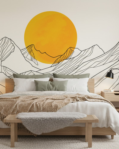 Dormitor modern cu fototapet personalizat Golden Horizon Peaks: munți stilizați și soare auriu pe perete. Include pat din lemn, noptiere, lămpi și decor minimalist.