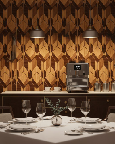 Tapet cu model geometric inspirat din lemn, cu iluzie de adâncime, personalizat, decorând un perete într-o zonă de dining elegantă cu mașină de cafea.
