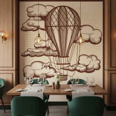 Fototapet personalizat cu balon cu aer cald vintage în culori maro și bej, decorând un perete într-o sală de mese elegantă, cu mobilier din lemn și scaune verzi din catifea.