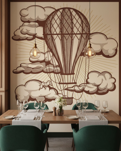 Fototapet personalizat cu balon cu aer cald vintage în culori maro și bej, decorând un perete într-o sală de mese elegantă, cu mobilier din lemn și scaune verzi din catifea.