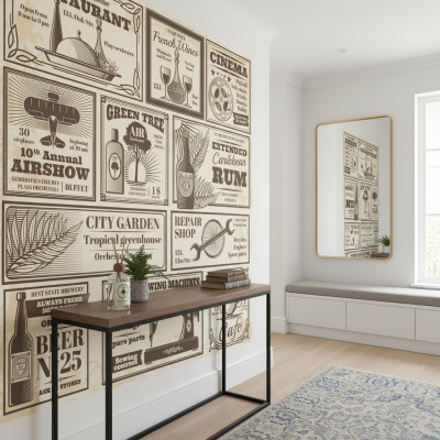 Tapet personalizat cu model vintage, stil ziar vechi, afișând reclame alb-negru la restaurante, vinuri și cinema, într-un interior de bistro modern cu masă și scaune.