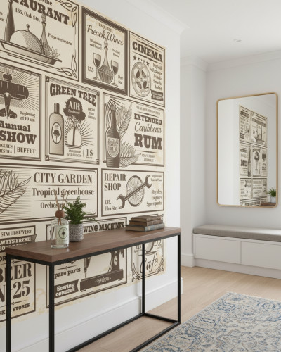 Tapet personalizat cu model vintage, stil ziar vechi, afișând reclame alb-negru la restaurante, vinuri și cinema, într-un interior de bistro modern cu masă și scaune.
