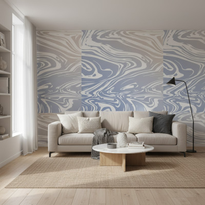 Fototapet personalizat Aqua Marble Dream cu model abstract de marmură în nuanțe de albastru și bej, aplicat pe un perete din living. Camera are o canapea bej, masă de cafea rotundă și covor crem.