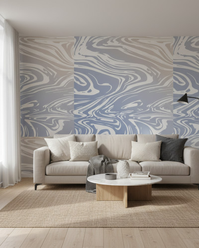 Fototapet personalizat Aqua Marble Dream cu model abstract de marmură în nuanțe de albastru și bej, aplicat pe un perete din living. Camera are o canapea bej, masă de cafea rotundă și covor crem.