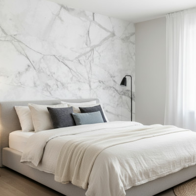 Dormitor modern luminos cu perete accent decorat cu fototapet Opulent Marble Veins cu vene de marmură alb-gri. Pat matrimonial gri, noptieră din lemn și lampă de masă.