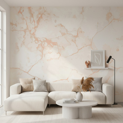 Fototapet Veined Stone Elegance cu model de marmură albă și vene roz-piersică, montat pe peretele din spatele patului într-un dormitor modern și luminos.