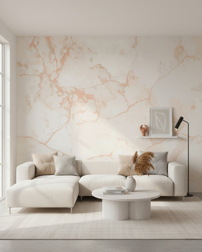 Fototapet Veined Stone Elegance cu model de marmură albă și vene roz-piersică, montat pe peretele din spatele patului într-un dormitor modern și luminos.